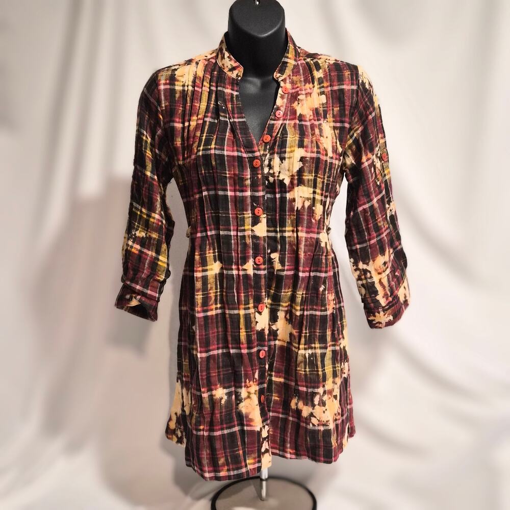 She’s Cool Bleach Dye Plaid Button Front Tunic Top Small Grunge Punk